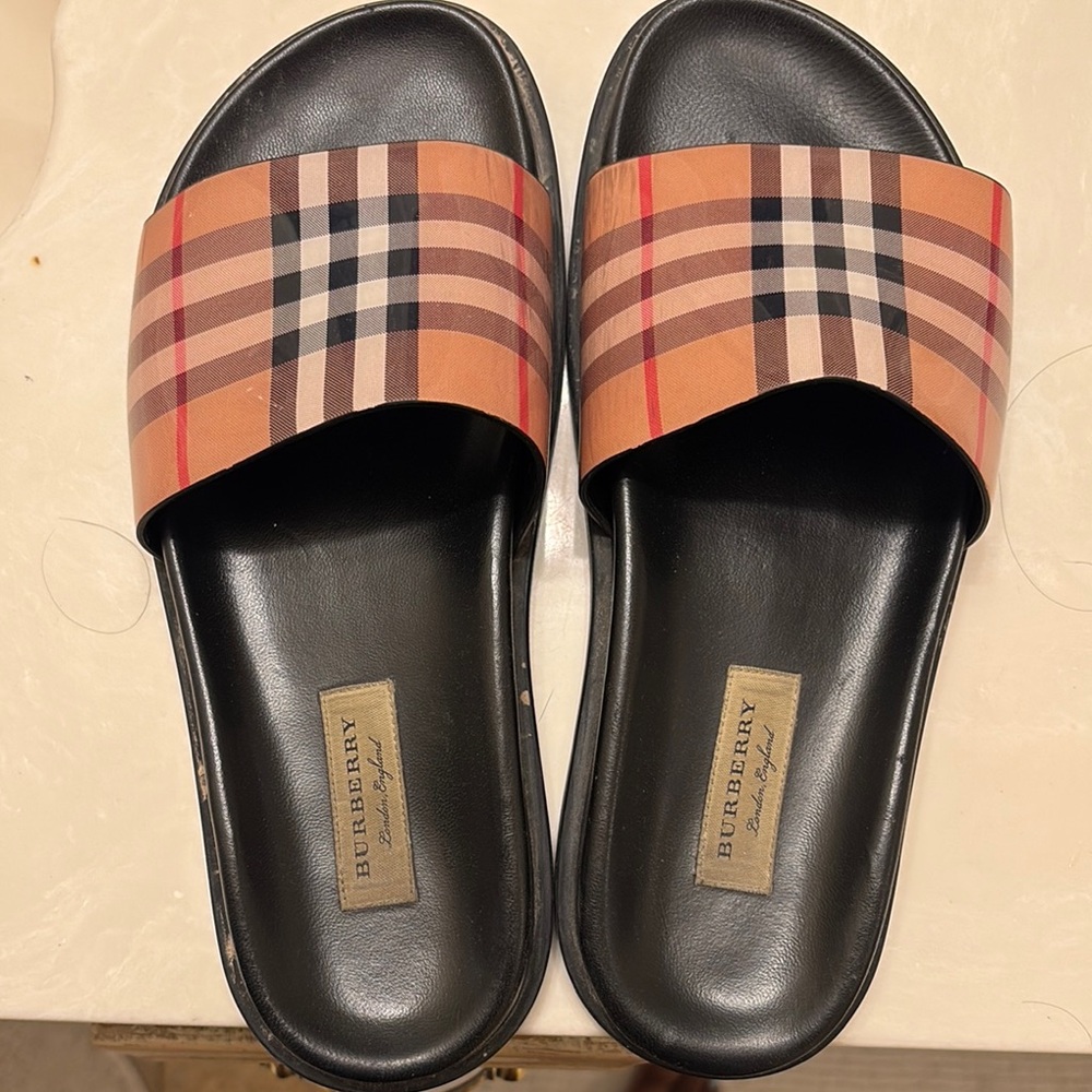 Burberry Plaid Slides in Black and Tan